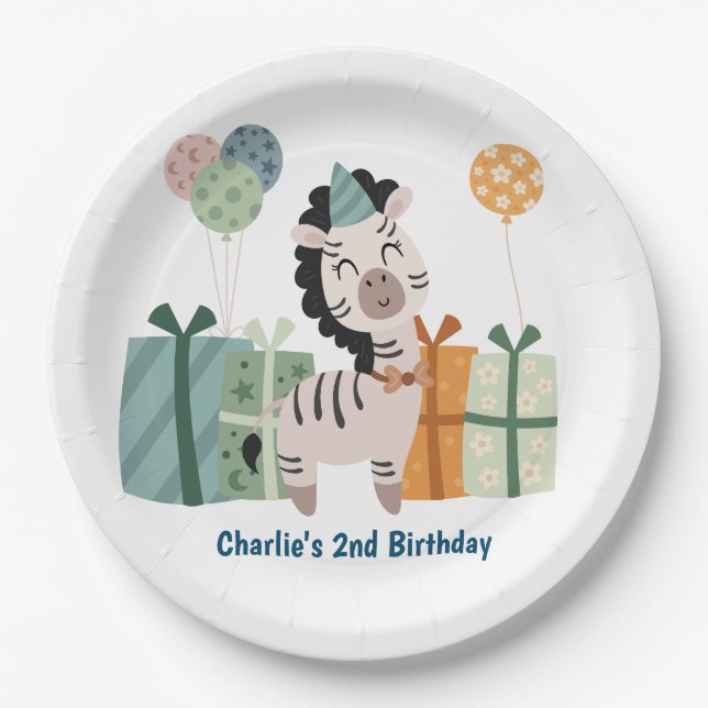 party animal, Zebra with gifts and balloon Paper Plate (Front)
