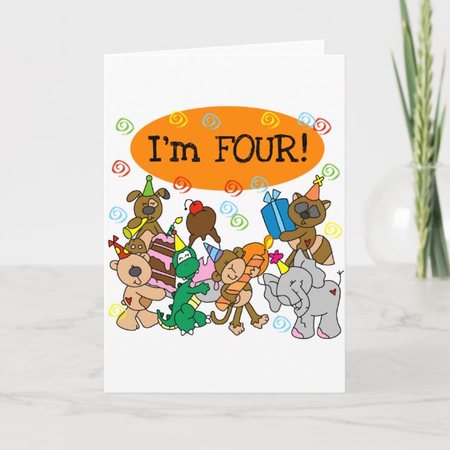 Party Animals 4th Birthday Tshirts and Gifts Card (Front)