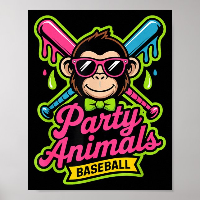 Party animals baseball funny monkey vibrant slime  poster (Front)
