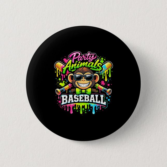 Party animals baseball ice cream drip funny monkey 2 inch round button (Front)