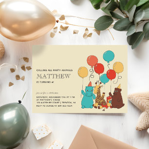 Party Animals Bear, Giraffe, Hippo Kids Birthday Invitation