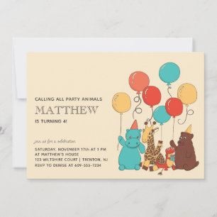 Party Animals Bear, Giraffe, Hippo Kids Birthday Invitation