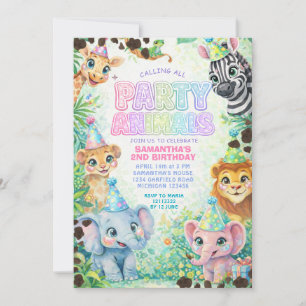 Party Animals Birthday Colorful Rainbow Invitation