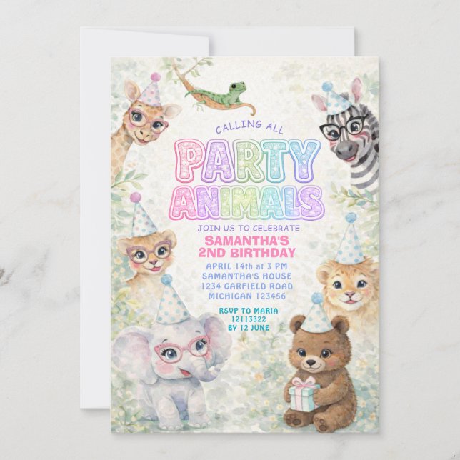 Party Animals Birthday Invitation | Rainbow Safari (Front)