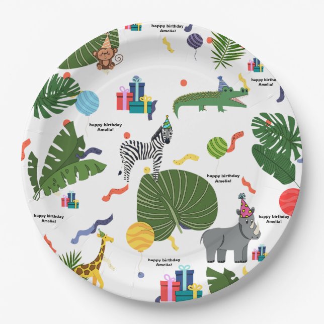 Party Animals Birthday Party, Kids, Jungle Animals Paper Plate (Front)