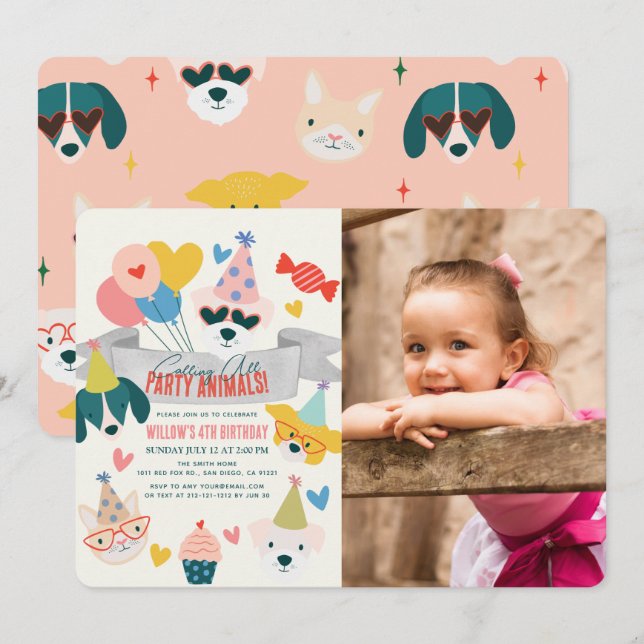Party Animals Dogs & Cat Balloons Birthday Photo Invitation (Front/Back)