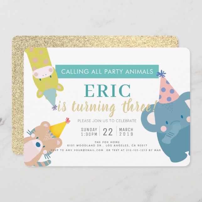 Party Animals Elephant Gold Glitter Boy Birthday Invitation (Front/Back)
