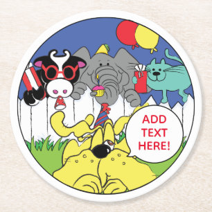 Party Animals Funny Birthday Party Round Paper Coaster
