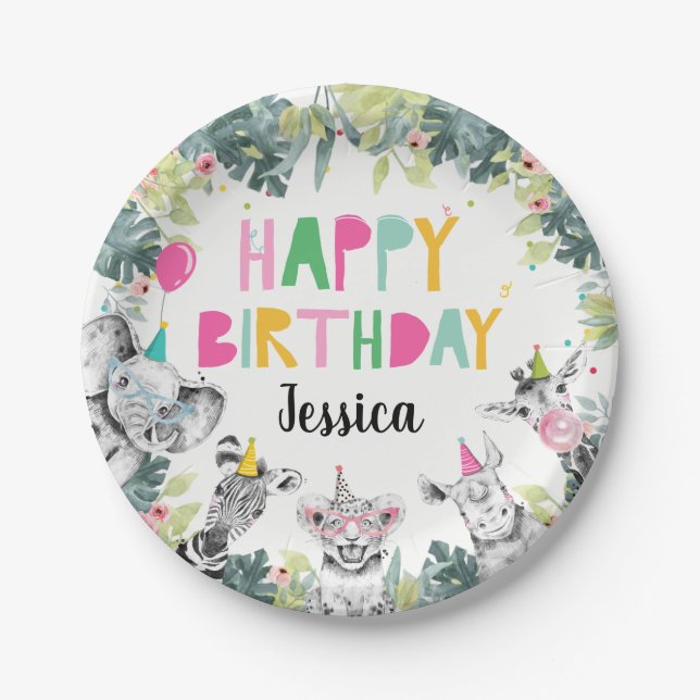 Party Animals Girl Safari Animals Birthday Party Paper Plate (Front)