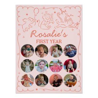Party Animals Girl's First Birthday Photo Collage Poster