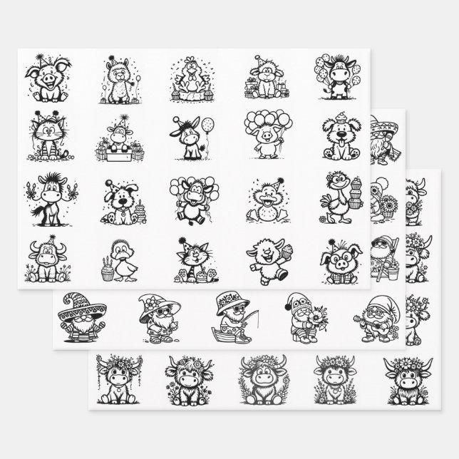Party Animals, Gnomes, & Highland Cows Assortment Wrapping Paper Sheet (Set)