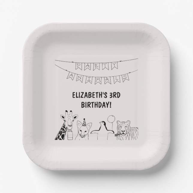 Party animals hand drawn doodle kid's birthday paper plate (Front)