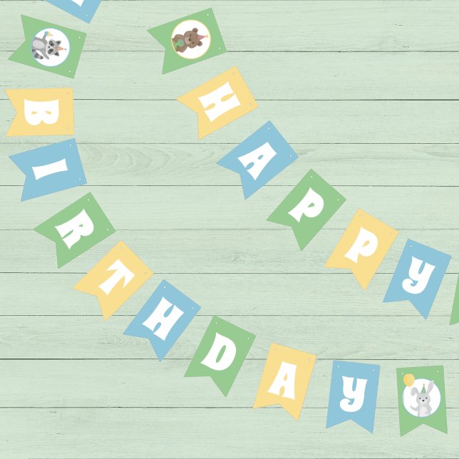 Party  Animals Happy Birthday Bunting Flags (Blue, yellow, and green Happy Birthday bunting banner with cute forest animals in party attire)