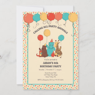 Party Animals Hippo, Giraffe, Bear Birthday Party Invitation