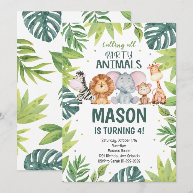 Party Animals Jungle Safari Birthday Invitation (Front/Back)