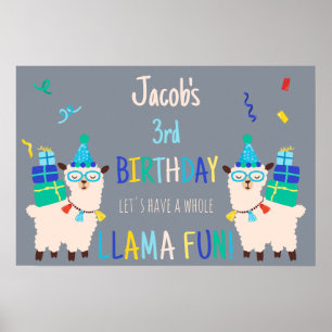 Party Animals Llama Birthday Boys Grey Poster
