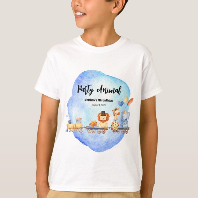 Party Animals on Train Kid Jungle Birthday Party T-Shirt (Front)