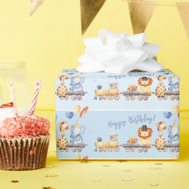 Party Animals on Train Kid Jungle Happy Birthday Wrapping Paper (Birthday Party)