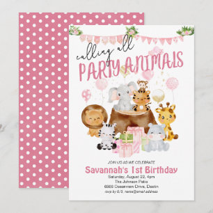 Party Animals Pink Birthday Invitation
