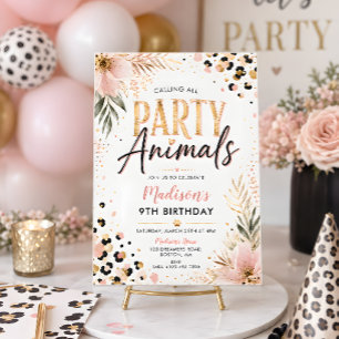 Party Animals Pink Floral Girls Birthday Party Invitation