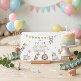 Party Animals Safari 1st Girl Birthday Invitation 