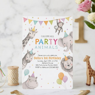 Party Animals Safari Girl 1st Birthday Invitation