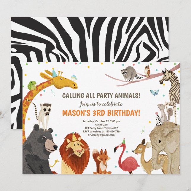 Party Animals Safari Girl Boy Animals Birthday Invitation (Front/Back)
