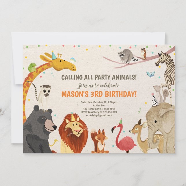 Party Animals Safari Girl Boy Animals Birthday Invitation (Front)