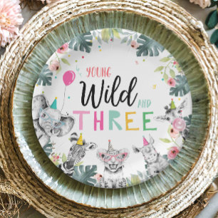 Party Animals Safari Girl Pink Third Birthday Paper Plate