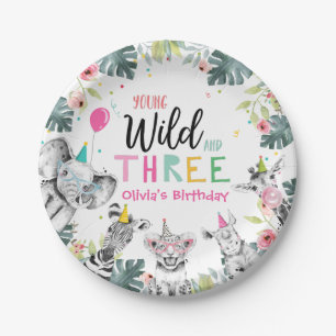 Party Animals Safari Girl Pink Third Birthday Paper Plate