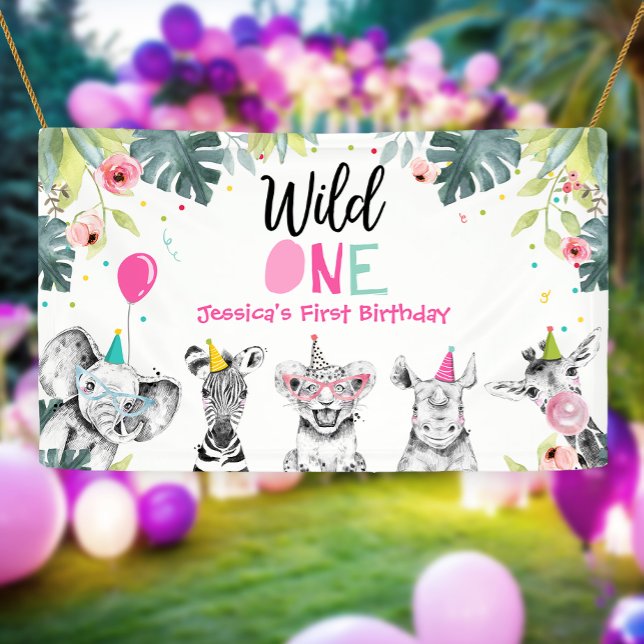 Party Animals Safari Girl Pink Wild One Backdrop Banner (Creator Uploaded)