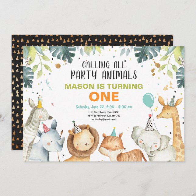 Party Animals Safari Gold Boy Animals Birthday Invitation (Front/Back)