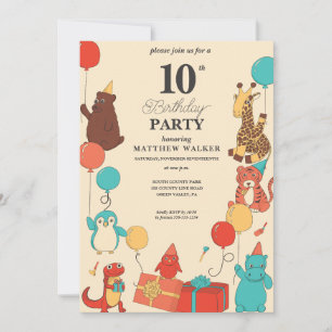 Party Animals with Hats and Balloons Kids Birthday Invitation