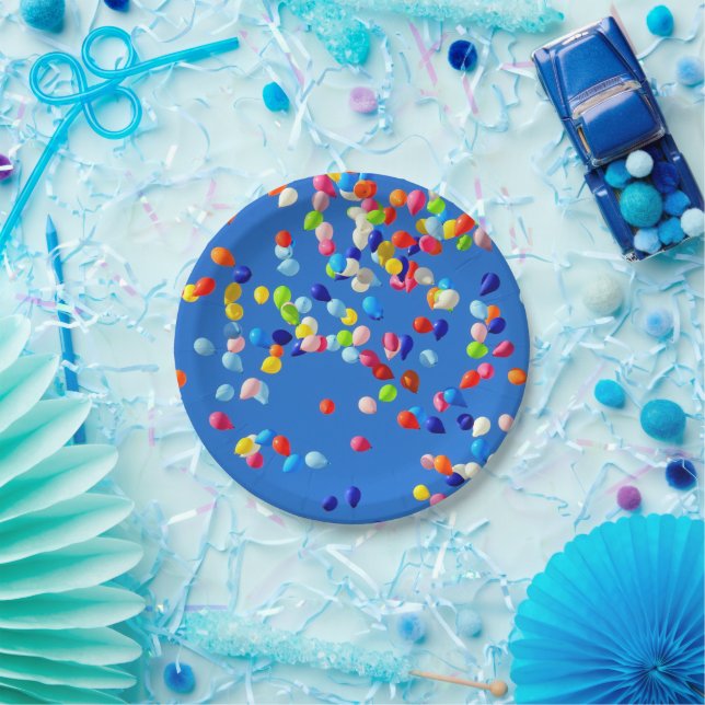 Party Balloons Floating in Blue Sky Paper Plate (Party)