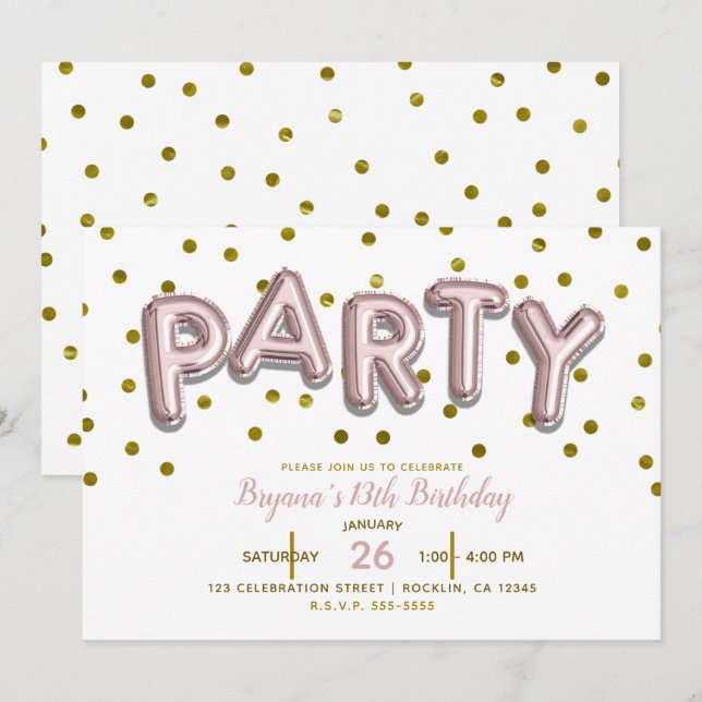 PARTY Balloons Pink Rose Gold Birthday ANY COLOR Invitation (Front/Back)