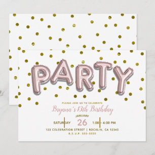 PARTY Balloons Pink Rose Gold Birthday ANY COLOR Invitation