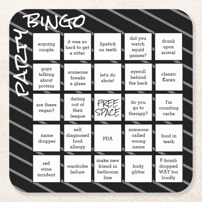 Party Bingo Black Modern Square Paper Coaster (Front)