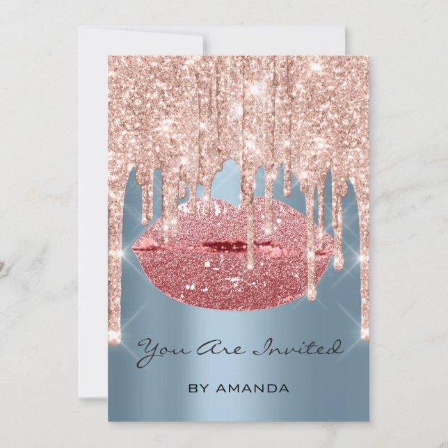 Party Birthday 16th Kiss Lips Rose Blue Glitter Invitation (Front)