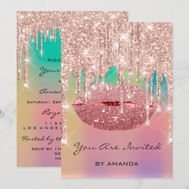 Party Birthday 16th Kiss Lips Rose Glitter Invitation (Front/Back)