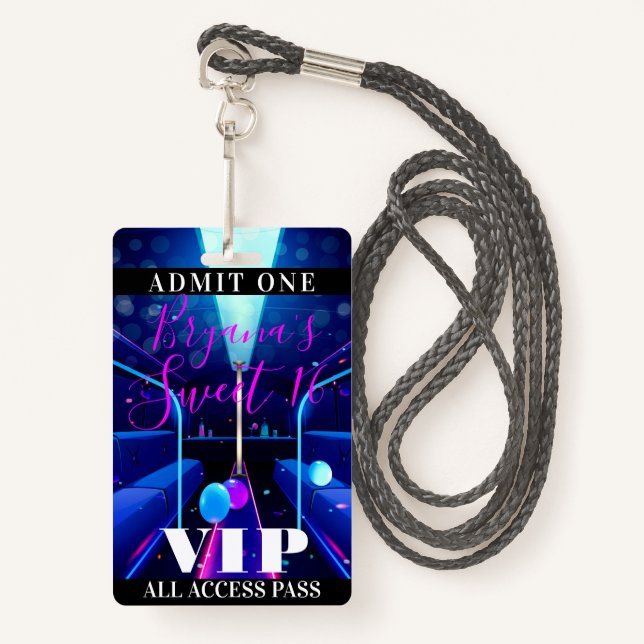 Party Bus Blacklight Dance Sweet 16 VIP Pass Badge (Front with Lanyard)