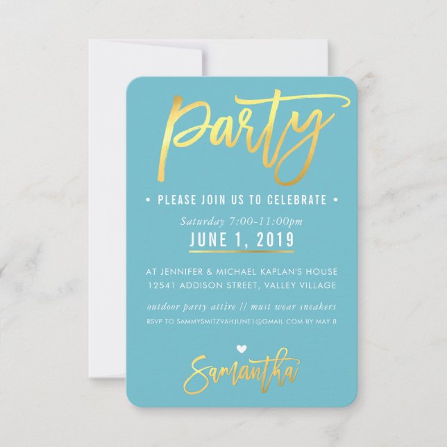 PARTY CARD cute turquoise blue gold script heading (Front)