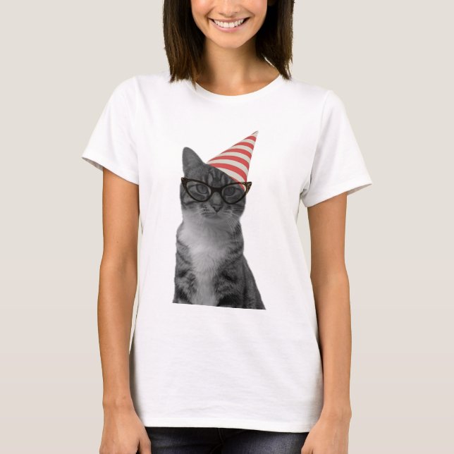 Party Cat striped hat 50s glasses  T-Shirt (Front)