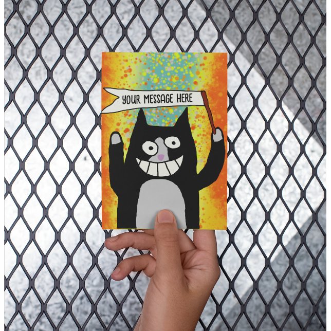 Party cat with sign personalized card (Creator Uploaded)
