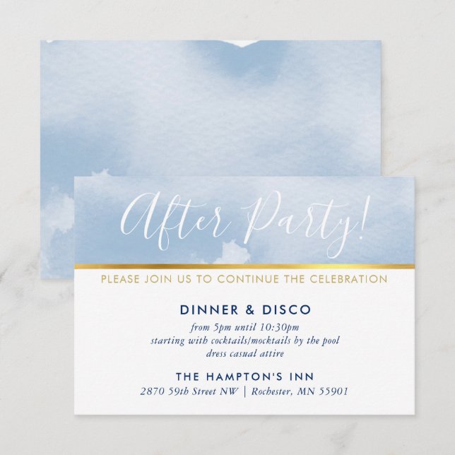 PARTY CELEBRATION CARD gold pale blue watercolor (Front/Back)