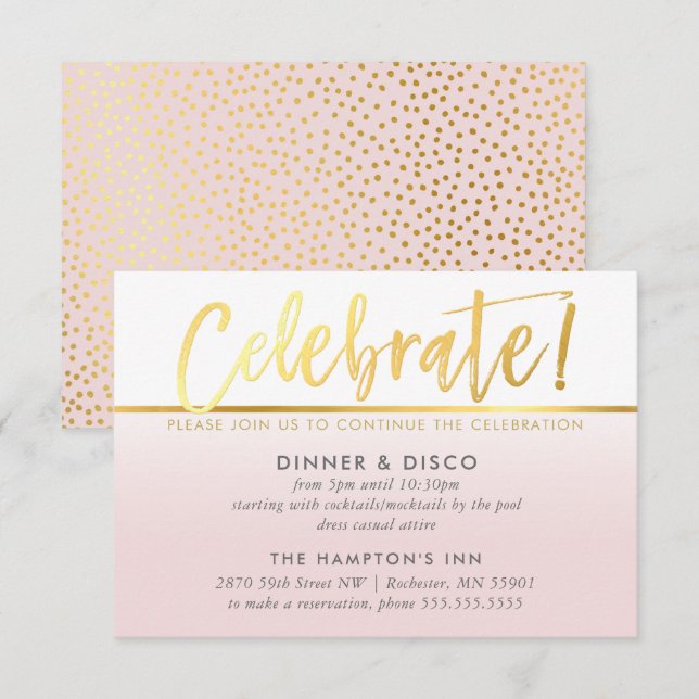 PARTY CELEBRATION CARD ombre pale pink faux gold (Front/Back)