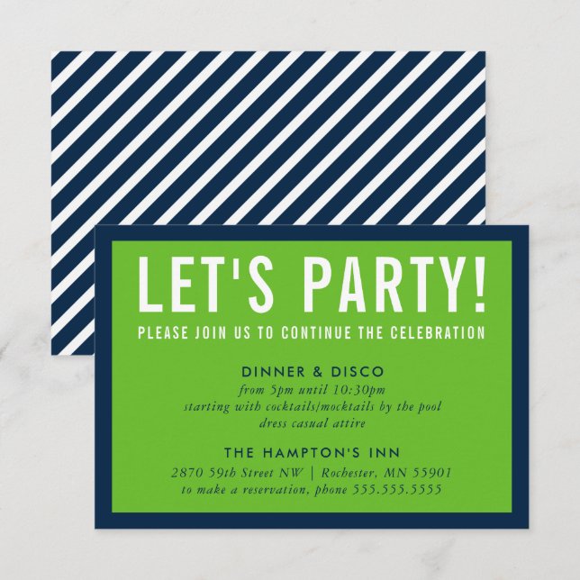 PARTY CELEBRATION INFO modern bold green navy blue Invitation (Front/Back)