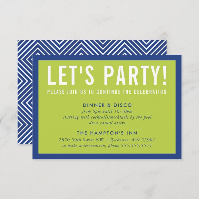 PARTY CELEBRATION INFO modern bold royal blue lime Invitation (Front/Back)