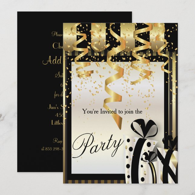Party Celebration Invitation in Gold & Black (Front/Back)