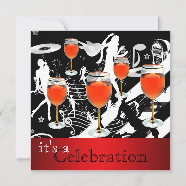 Party Celebration Red Wine Glass Retro Music Invitation (Front)