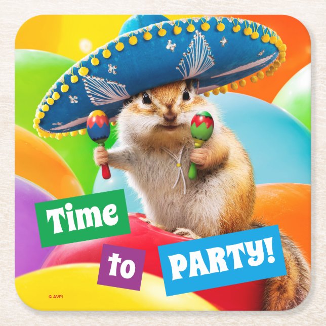 Party Chipmunk In Sombrero Square Paper Coaster (Front)